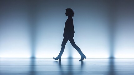 Silhouette of a Woman Walking: A stylish woman strides confidently, her silhouette sharply defined against a backdrop of cool blue light. The image evokes a sense of mystery and independence. 