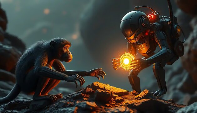 Robot and Ape Exchange Glowing Orb in Dark Landscape