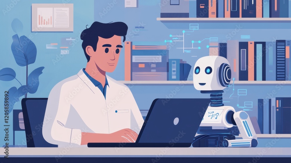 Poster scientist collaborating with friendly robot in modern workspace