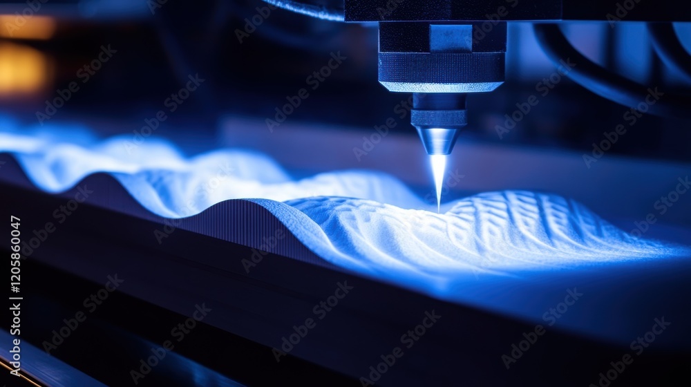 Poster laser sintering machine processing powder material to create wavy surface, illuminated by blue light