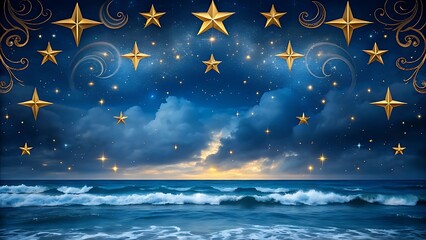 Fototapeta premium Night sky, golden stars, swirling constellations, deep blue clouds, cosmic waves, dreamy celestial landscape background