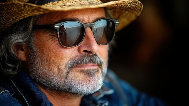 A middle-aged man wearing sunglasses and a straw hat gazes thoughtfully into the distance, with sunlit beachfront surroundings creating a relaxed vibe - Powered by Adobe