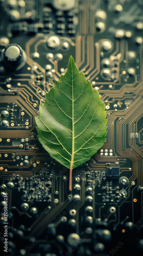 Poster green leaf resting on electronic circuit board, symbolizing eco-friendly computing and sustainable d