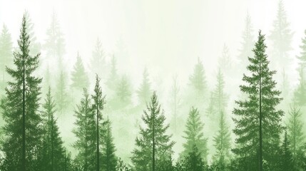 Obraz premium Misty green forest panorama; peaceful nature background for eco design
