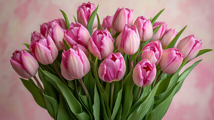 Fototapeta premium A bouquet of pink tulips on a soft pastel pink background, perfect for celebrating Valentine's Day or Mother's Day.