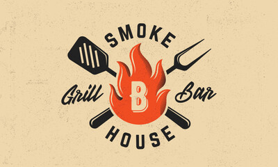 Rustic smokehouse logo with fire flame, cooking tools and vintage typography. Design for barbecue brands, steakhouses, or grilling events. Vector illustration