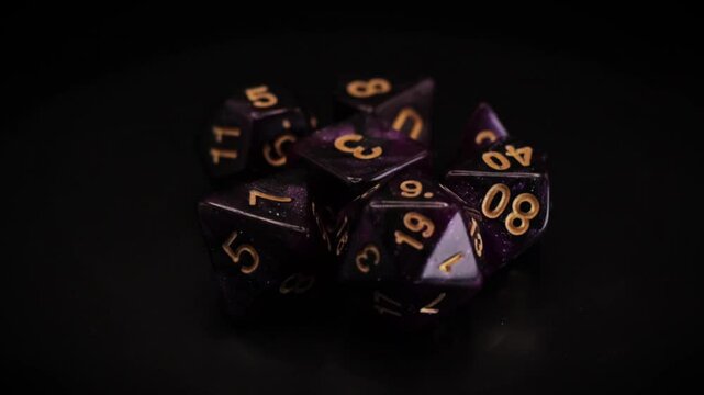 violet Dice set isolated 360 rotation black background Fantasy RPG