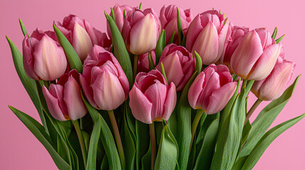 Obraz premium A bouquet of pink tulips on a soft pastel pink background, perfect for celebrating Valentine's Day or Mother's Day.