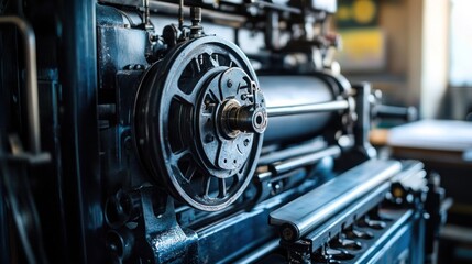 Fototapeta premium Vintage press printing machine detail, workshop, gears, paper, industry
