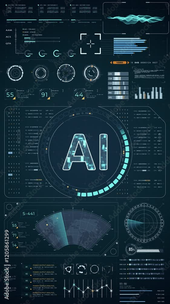 Poster motion graphic of blue digital ai with head up display (hud ui) panel and futuristic technology abst