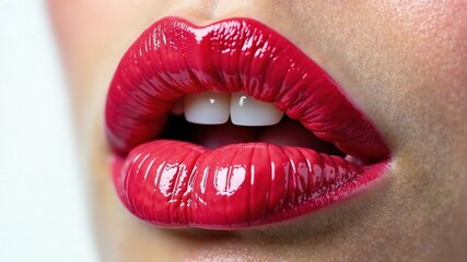 Obraz premium Red Pink Lipstick Seal Kiss on Lips - Closeup Beauty