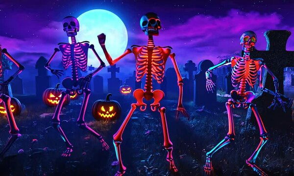 Skeletons with neon glowing bones dance salsa under a full moon. cemetery is illuminated with colorful glowing tombstones and Jack-o&rsquo;-lanterns, party vibe