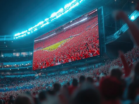 Enthusiastic Crowd at Night Stadium Event with a Giant Screen Displaying the Game