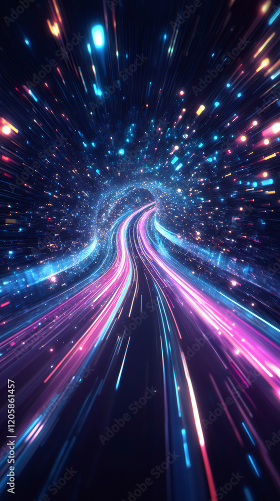 Poster colorful light trails forming a tunnel effect, simulating time travel through space and reaching a b