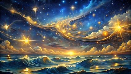 Night sky, golden stars, swirling constellations, deep blue clouds, cosmic waves, dreamy celestial landscape background