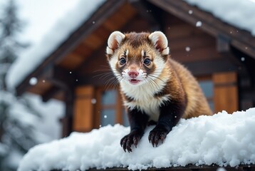 Playful Marten Snowy Roof 