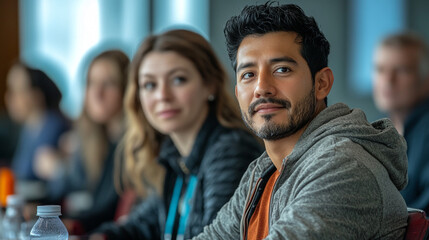 Obraz premium Engaging discussion among diverse participants in a modern conference setting