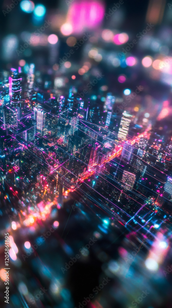 Leinwandbilder aerial view of a futuristic metropolis with glowing lines representing data flow, symbolizing the co