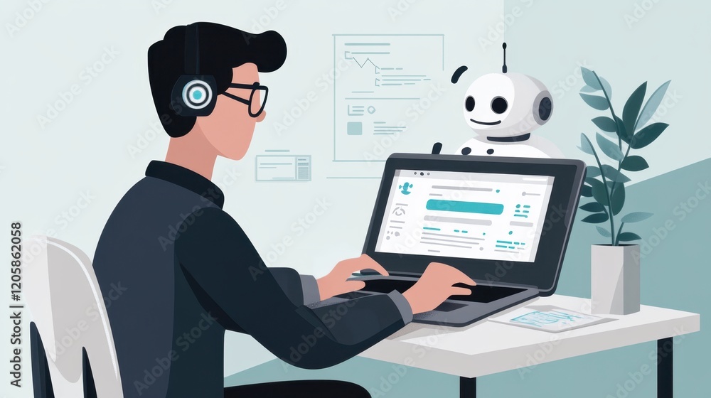 Poster professional workspace with person and friendly robot assistant