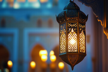 Eid Mubarak and Ramadan Kareem salutations with an Islamic lantern and mosque in the Eid al-Fitr style background