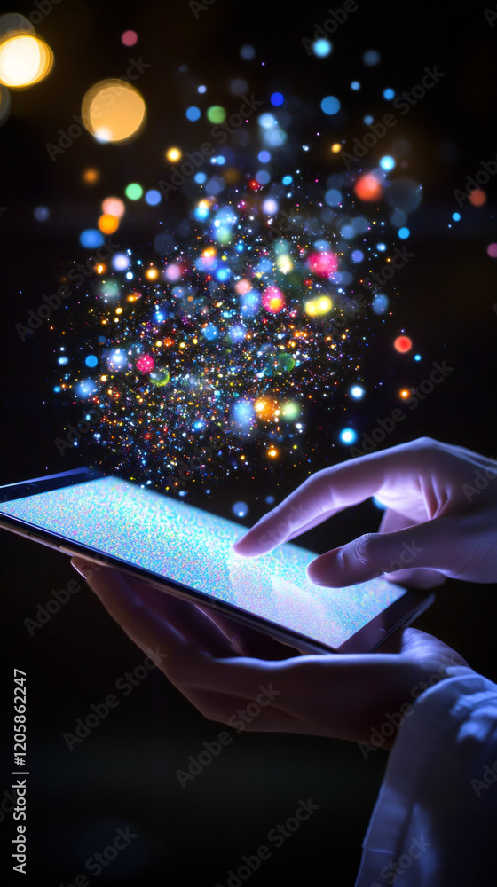 Aufkleber hands using tablet with colorful particles emerging from the screen, suggesting interaction with dig