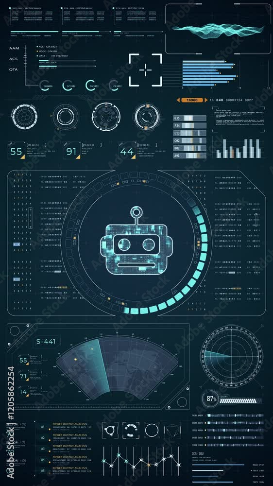 Poster motion graphic of blue digital robot head with head up display (hud ui) and futuristic technology ab