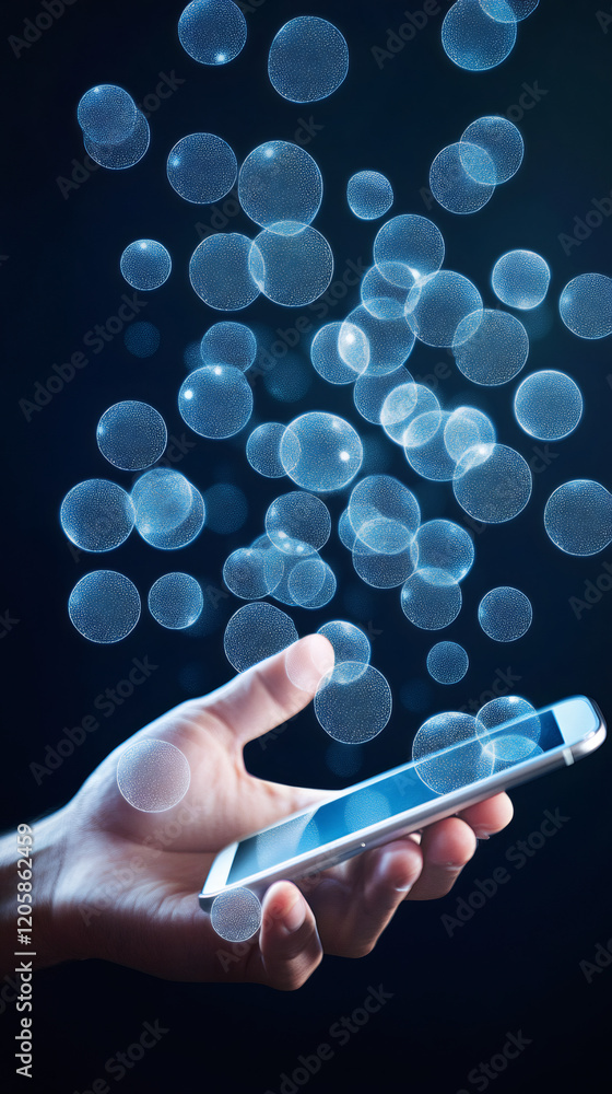 Poster businessman interacting with futuristic digital bubbles floating from smartphone screen on dark back