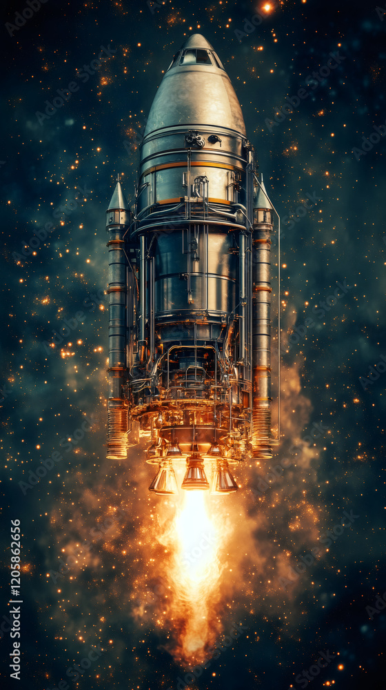 Poster steampunk style rocket ship launching into a starry sky, with flames and smoke billowing from its en