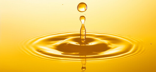 yellow-orange drop of cooking oil falling into water, oil bubbles underwater, yellow background