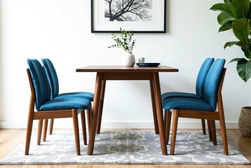 Mid-Century Modern Dining Set - Blue Bench, Walnut Table
