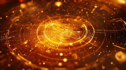 Fototapeta premium Golden cosmic HUD interface design, digital space, glowing particles, future tech, website background