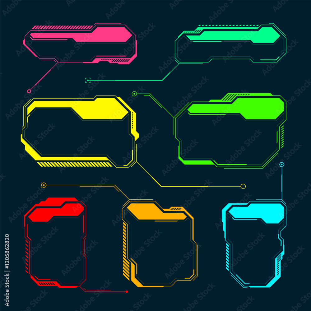 Poster futuristic hud or ui elements. sci-fi user interface text boxes, callouts. colorful warning message 
