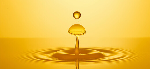 yellow-orange drop of cooking oil falling into water, oil bubbles underwater, yellow background