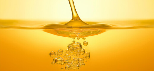 yellow-orange drop of cooking oil falling into water, oil bubbles underwater, yellow background