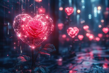 Fototapeta premium Neon Pink Heart Rose for Valentine's Day Greeting Card Design