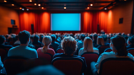 Audience gathered for a film screening in a dimly lit theater with a large screen