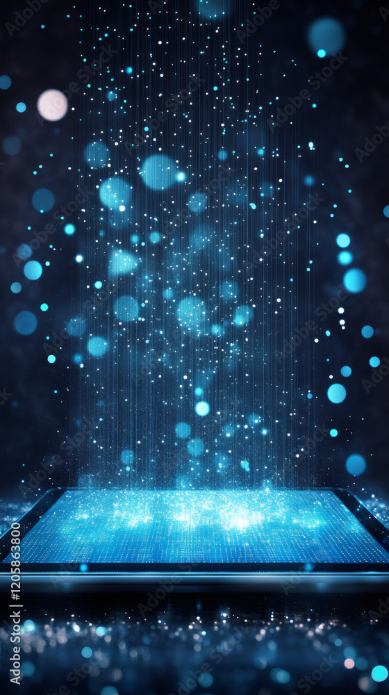 Poster glowing particles falling and flowing on digital tablet, big data and digitalization concept