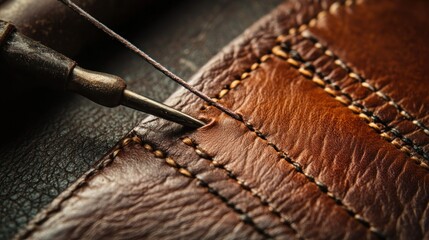 Craftsman stitching brown leather goods in workshop