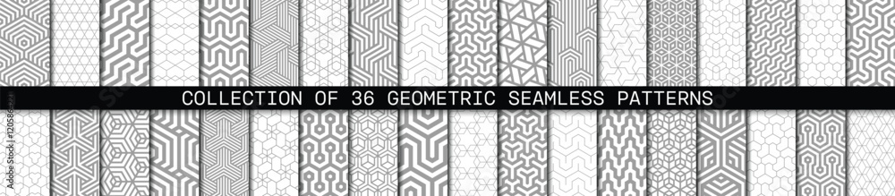 Aufkleber Vector set of 36 grey geometric linear patterns. Collection of seamless modern hexagonal textures for your design.