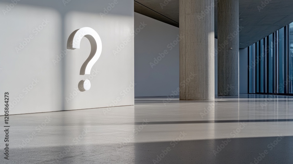 Poster modern minimalist interior with concrete columns and large question mark