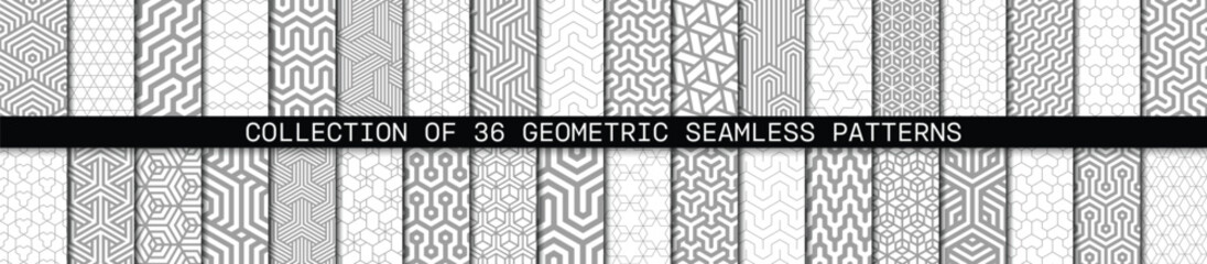 Vector set of 36 grey geometric linear patterns. Collection of seamless modern hexagonal textures for your design.