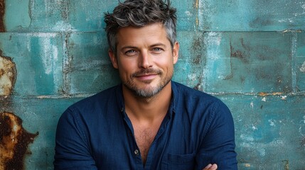 Fototapeta premium A man with tousled gray hair and a charming smile leans against a weathered blue wall, exuding a relaxed and confident vibe. His casual outfit adds to the laid-back atmosphere