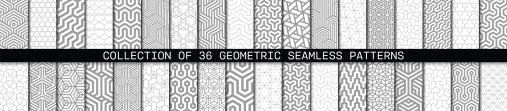 Vector set of 36 grey geometric linear patterns. Collection of seamless modern hexagonal textures for your design.