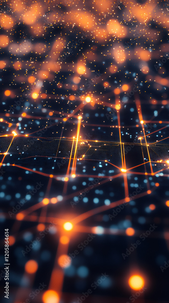 Poster abstract digital network connecting glowing nodes and data points, representing global communication