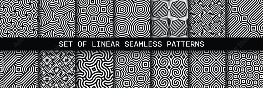 Leinwandbilder Vector set of geometric spiraling patterns. Collection of seamless modern curly linear textures for your design.