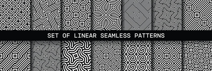 Vector set of geometric spiraling patterns. Collection of seamless modern curly linear textures for your design.