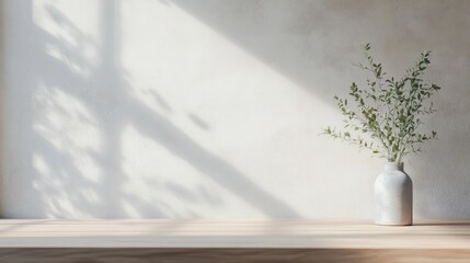 Minimalist vase, plants, sunlit wood surface, shadows, interior design mockup