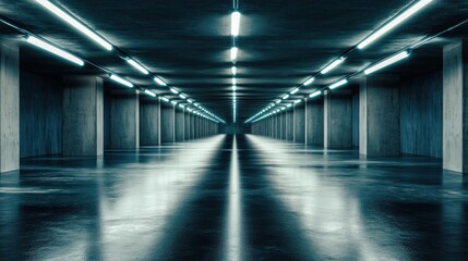 Futuristic parking garage; glowing lights, reflective floor, empty space