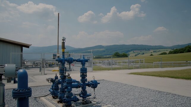 Rural gas wellhead control valves, mountain background