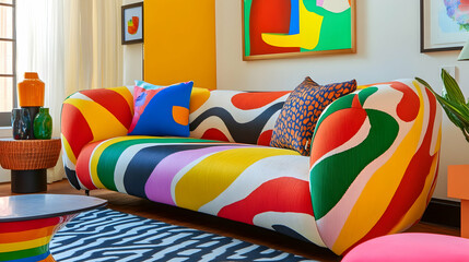 A lively lounge showcases a bold, multicolored sofa beside vivid artworks and decorative accents
